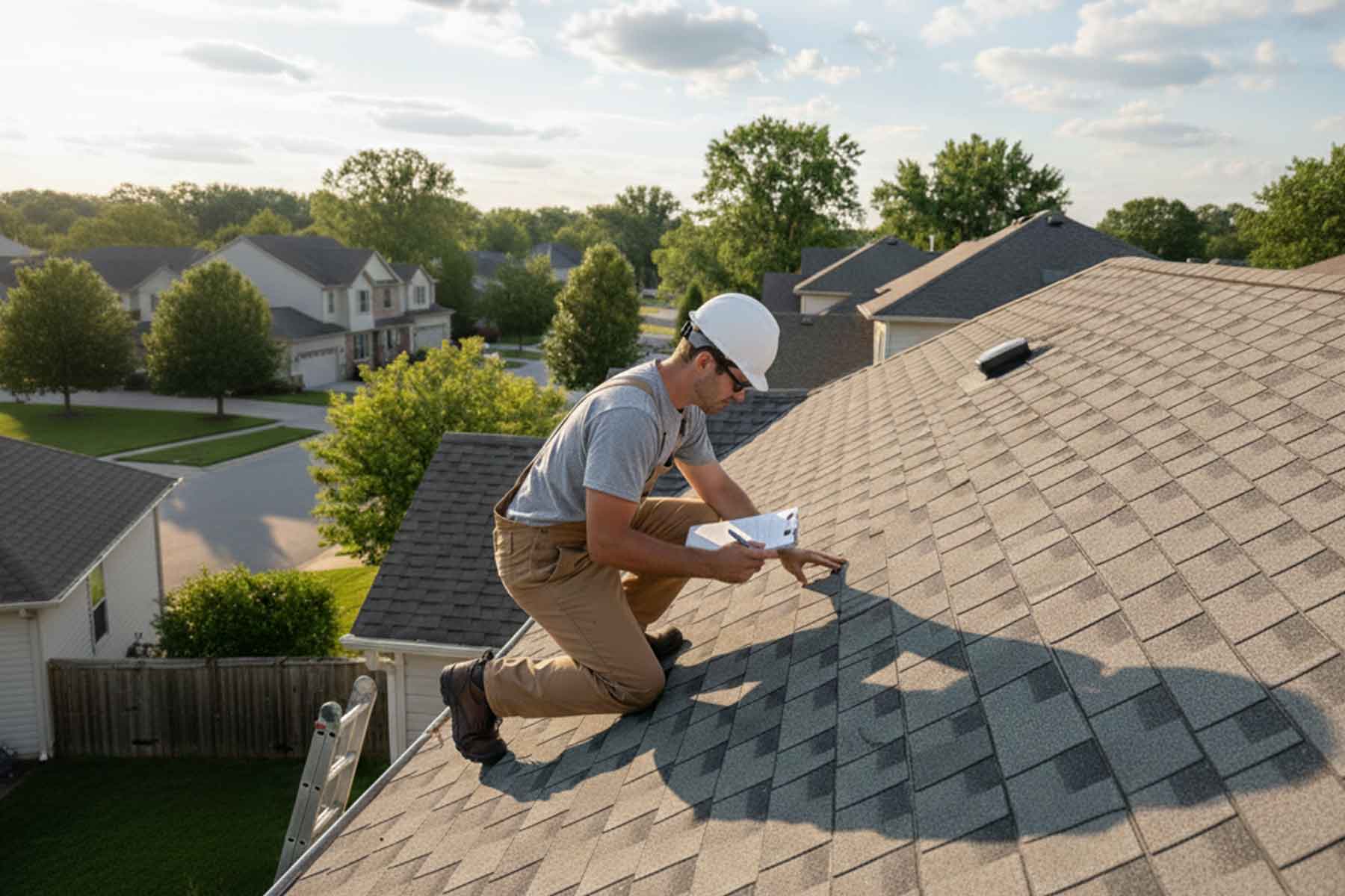 Roofing contractor inspecting asphalt shingles with a clipboard on a residential roof
